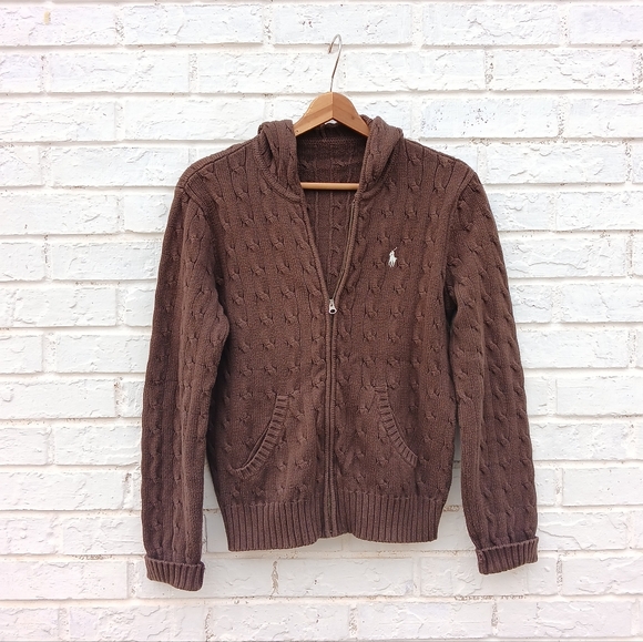 Vintage Ralph Lauren Cable Knit Hooded Full Zip Sweater Brown - Picture 2 of 5